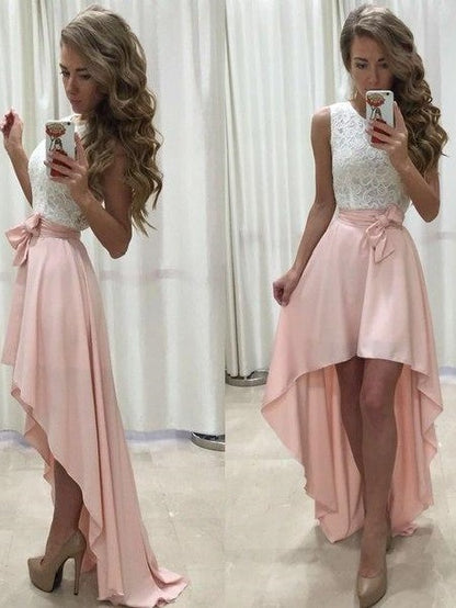Sexy High Low Homecoming Dress White Lace Top Prom Dress with Pink Skirt,#711062-Dolly Gown
