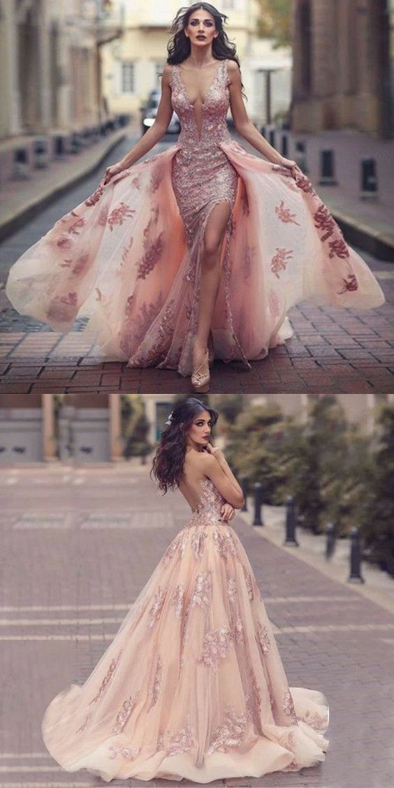 Sexy Low Back Dusty Pink Flowy Lace Tight Prom Dress with Detachable Train Sexy Low Back Dusty Pink Flowy Lace Tight Prom Dress with Detachable Train