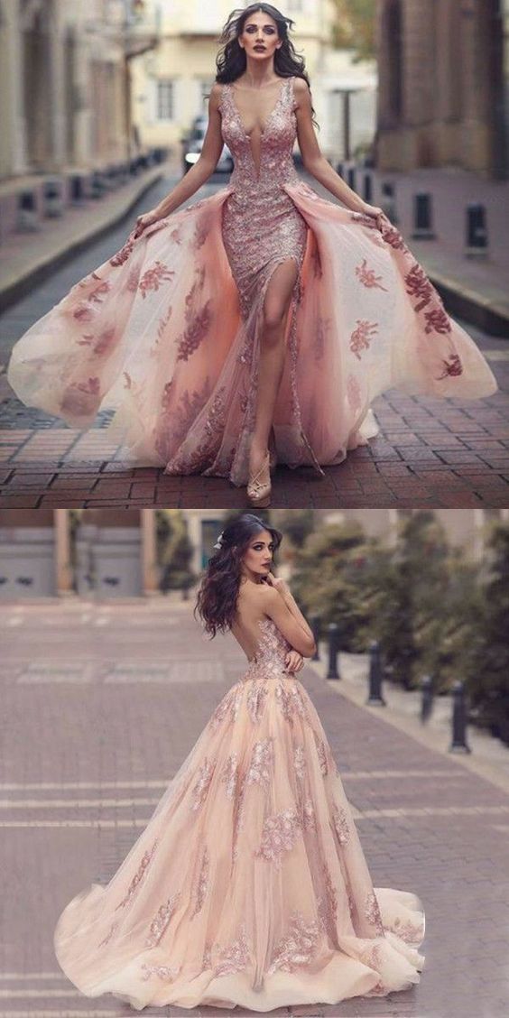 Sexy Low Back Dusty Pink Flowy Lace Tight Prom Dress with Detachable Train 20081615-Dolly Gown