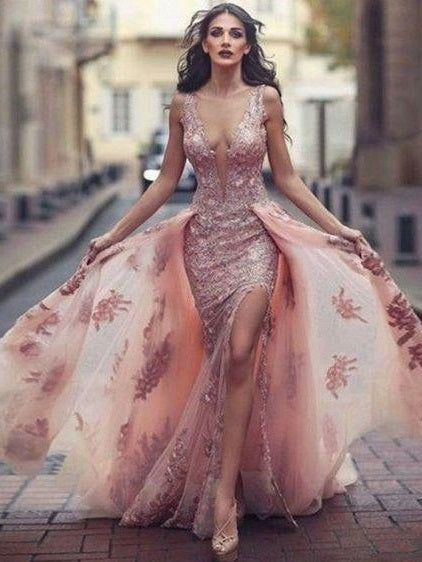 Sexy Low Back Dusty Pink Flowy Lace Tight Prom Dress with Detachable Train 20081615-Dolly Gown