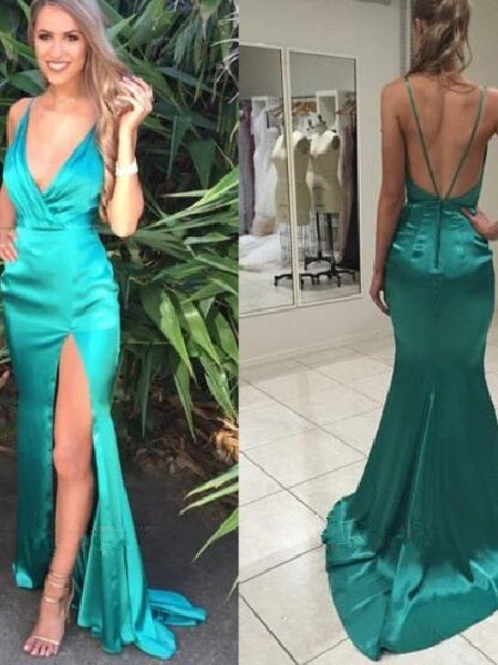 Sexy Mermaid Emerald Green Backless Long Formal Prom Dress with Slit,20082012-Dolly Gown
