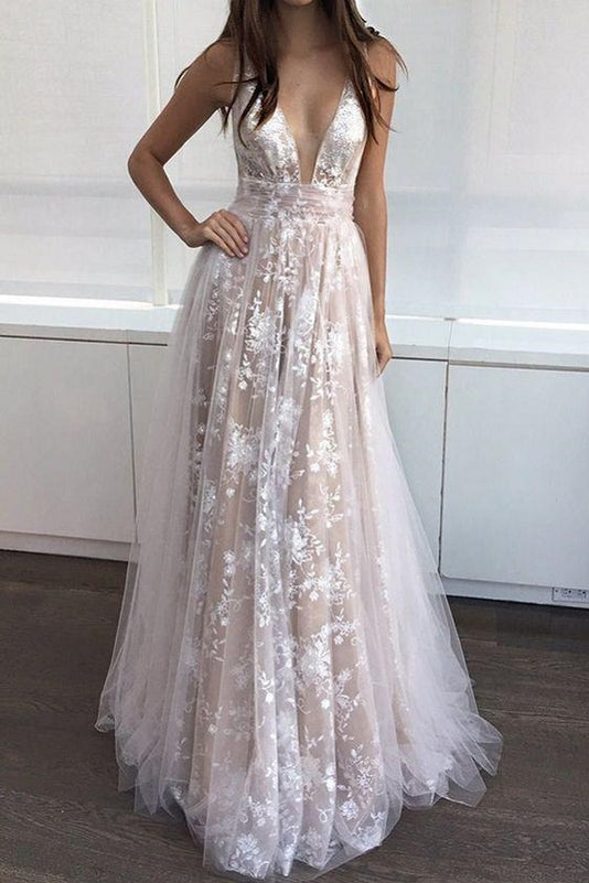 flowy boho prom dress Flowy Tulle Lace A Line Sweep Train Wedding Dresses, PW392