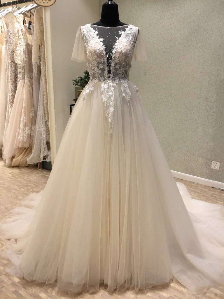 Sexy See Through Floral Tulle Deep V Neck Lace Top  Ball Gown Wedding Dress #711069-Dolly Gown