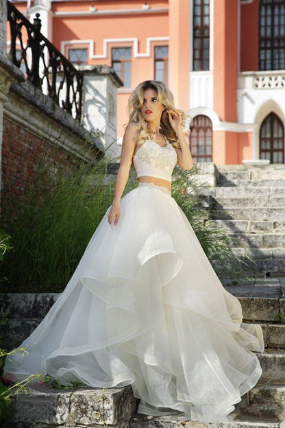 Sexy Crop Top Two Piece Ruffle Wedding Dress Wedding Skirt and Top