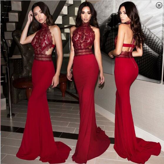 Sexy 2019 Mermaid Burgundy Long Halter Prom Dress Long Evening Dress,GDC1175-Dolly Gown