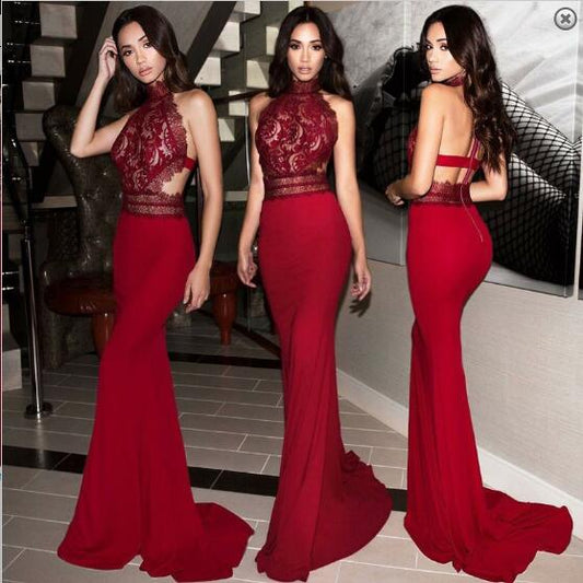 Sexy 2019 Mermaid Burgundy Long Halter Prom Dress Long Evening Dress,GDC1175-Dolly Gown