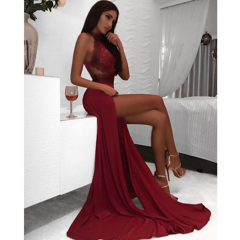 Sexy 2019 Mermaid Burgundy Long Halter Prom Dress Long Evening Dress,GDC1175-Dolly Gown