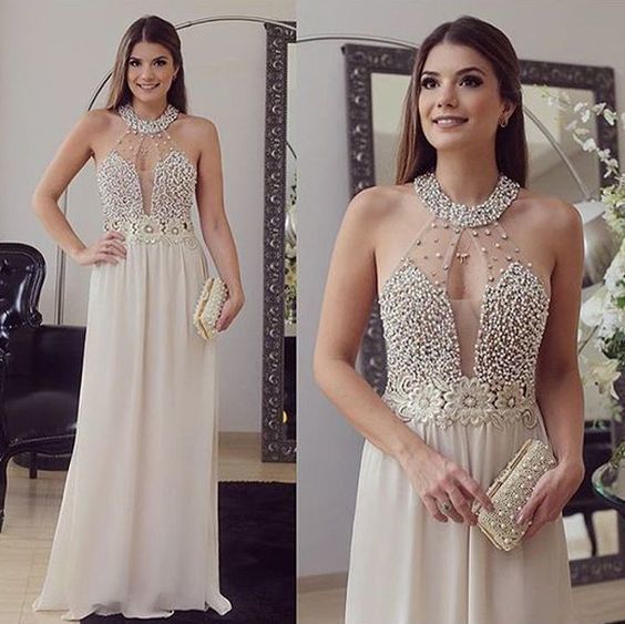 Bead Sparkly Sexy Beige Evening Dress Long Formal Party Gown,GDC1011-Dolly Gown