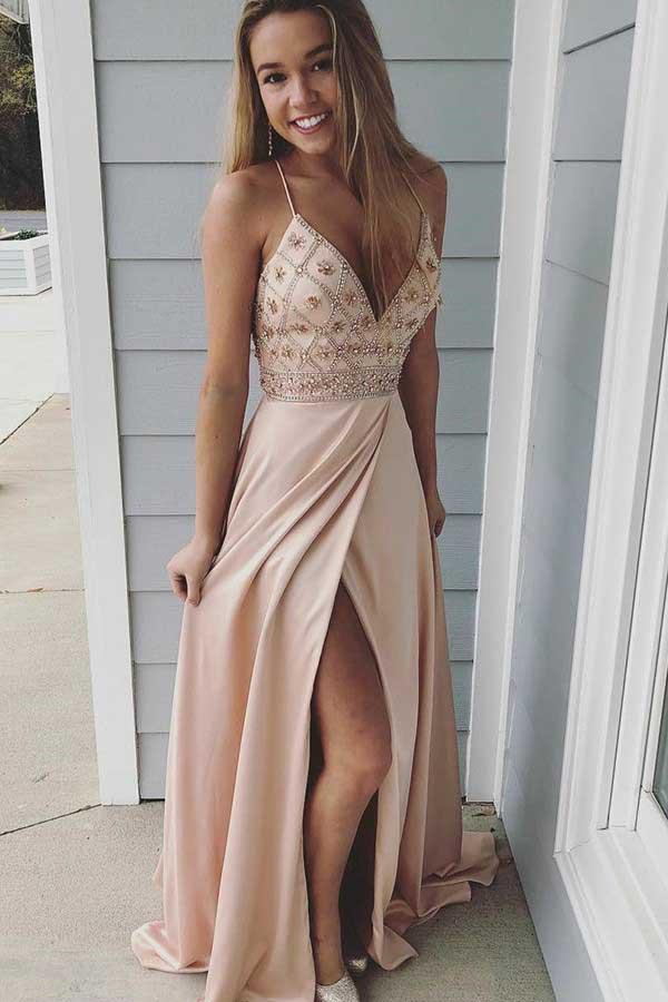 Sexy Delicate Beading Beige Prom Dress Long Formal Dress with Slit,GDC1220-Dolly Gown