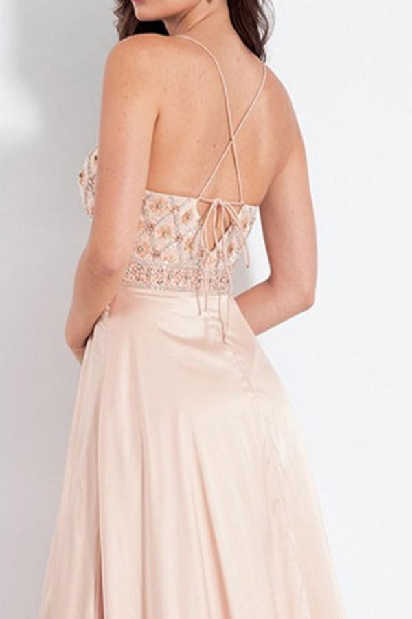 Sexy Delicate Beading Beige Prom Dress Long Formal Dress with Slit,GDC1220-Dolly Gown