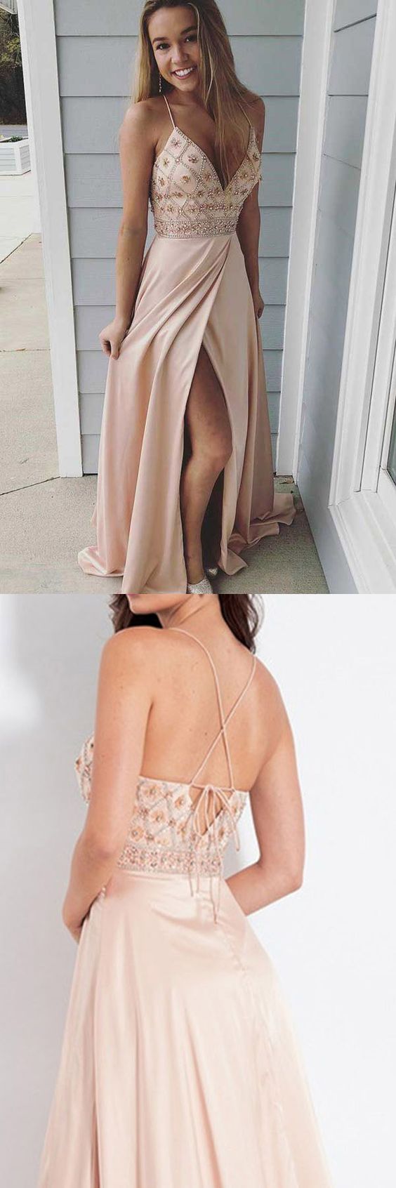 Sexy Delicate Beading Beige Prom Dress Long Formal Dress with Slit Sexy Delicate Beading Beige Prom Dress Long Formal Dress with Slit