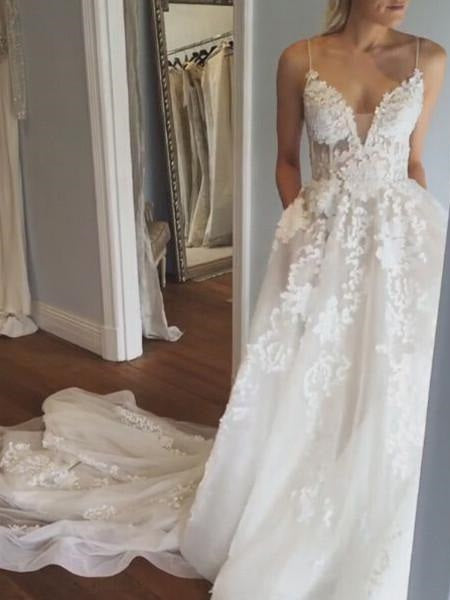 Sexy Plunge V Neck Lace A-line See Through Wedding Dress,GDC1124