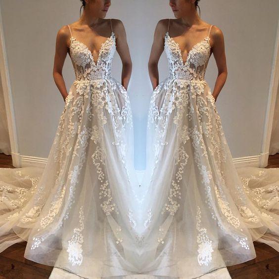 Sexy Plunge V Neck Lace A-line See Through Wedding Dress,GDC1124-Dolly Gown