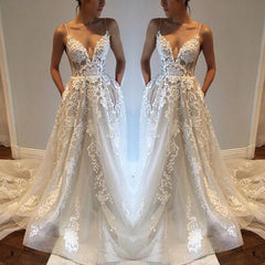 Sexy Plunge V Neck Lace A-line See Through Wedding Dress,GDC1124-Dolly Gown