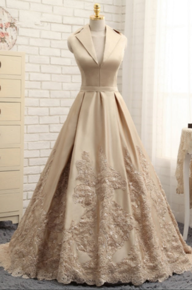 Shawl Collar Champagne Lace Wedding Dress - DollyGown