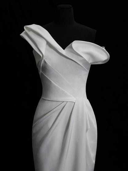 Sheath Simple One Shoulder Silk Bridal Dress - DollyGown