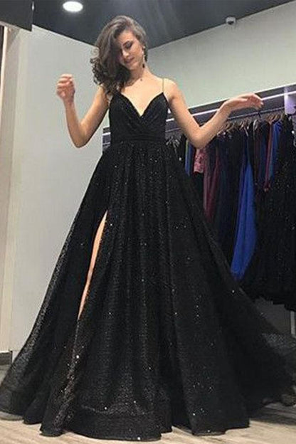 Shop Spaghetti Straps Long Side Slit Black Prom Dress 8TH Grade Formal Gown,GDC1283-Dolly Gown