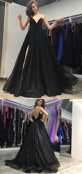 Shop Spaghetti Straps Long Side Slit Black Prom Dress 8TH Grade Formal Gown,GDC1283-Dolly Gown