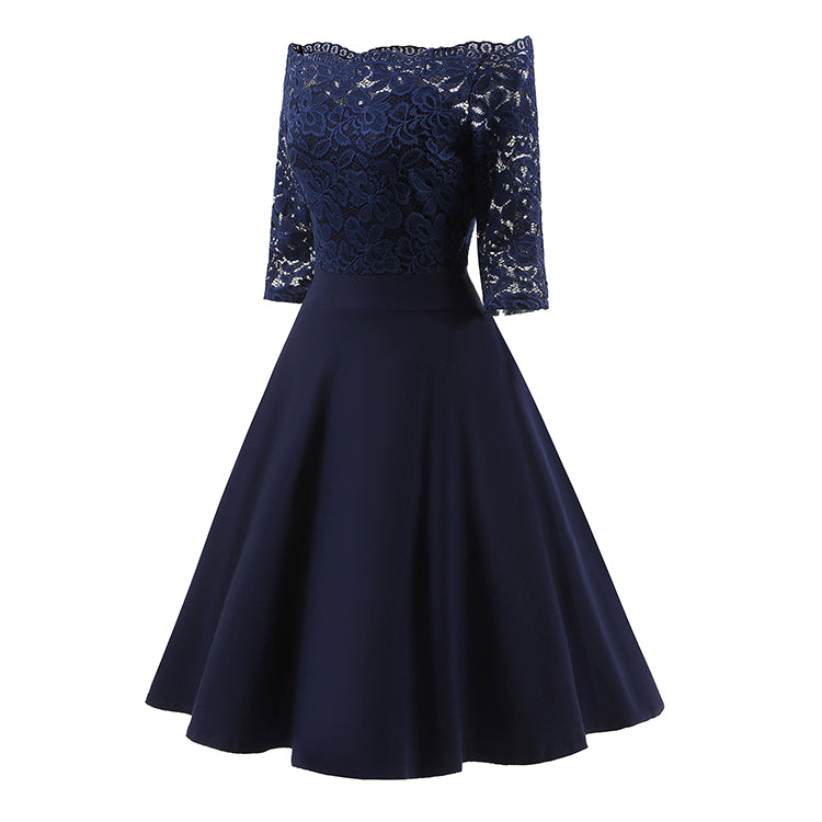 Navy Blue Short Bridesmaid Dresses Blue Off the Shoulder Lace homecoming Dress with Sleeves,1597N-Dolly Gown