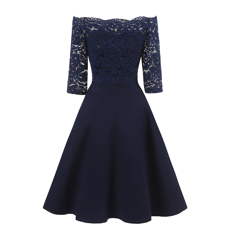 Navy Blue Short Bridesmaid Dresses Off Shoulders Lace homecoming Dress with Sleeves Navy Blue Short Bridesmaid Dresses Off Shoulders Lace homecoming Dress with Sleeves