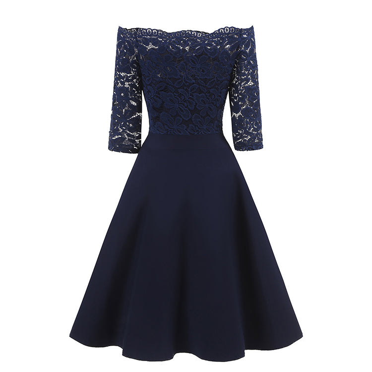 Navy Blue Short Bridesmaid Dresses Blue Off the Shoulder Lace homecoming Dress with Sleeves,1597N-Dolly Gown