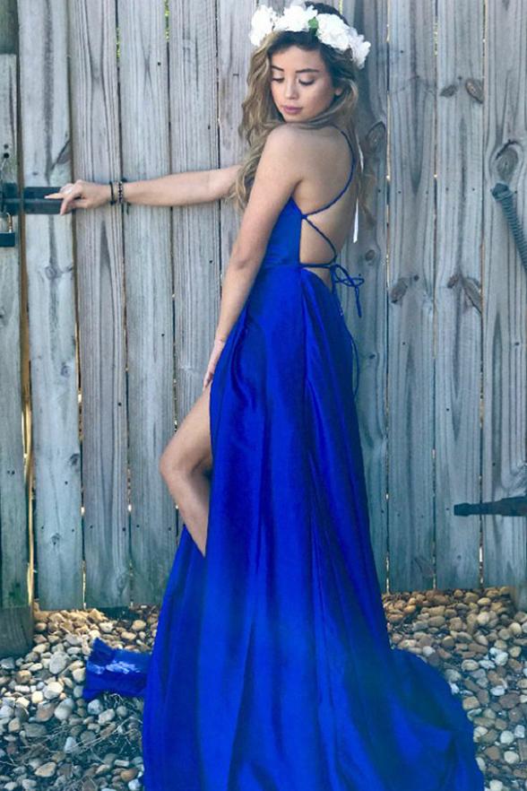 Simple v neck blue satin long prom dress blue formal dress – dresstby