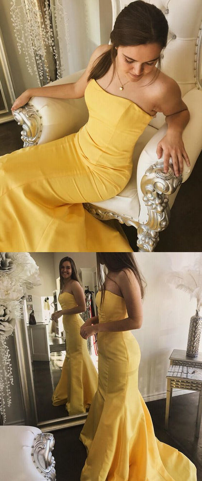 Shop Strapless Mermaid Satin Simple Plain Yellow Prom Dress Long,GDC1322-Dolly Gown