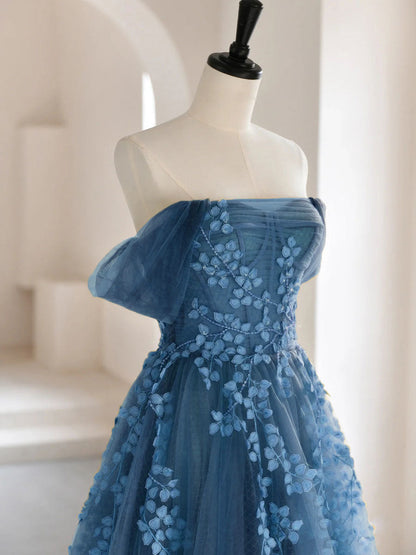 Fairy Dusty Blue Tulle Floral Lace Boho Prom Dress - DollyGown