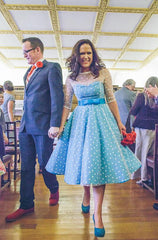 Short Blue Polka Dot Wedding Dress with 3/4 SleevesTea Length Short Vintage Wedding Dress,20110943-Dolly Gown