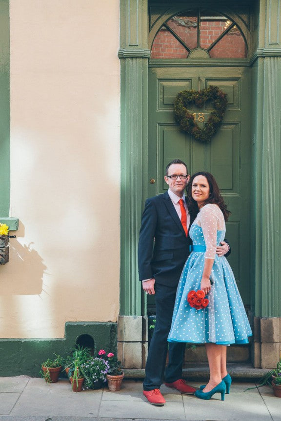 Short Blue Polka Dot Tea Length Short Vintage Wedding Dress with 3/4 Sleeves Short Blue Polka Dot Tea Length Short Vintage Wedding Dress with 3/4 Sleeves