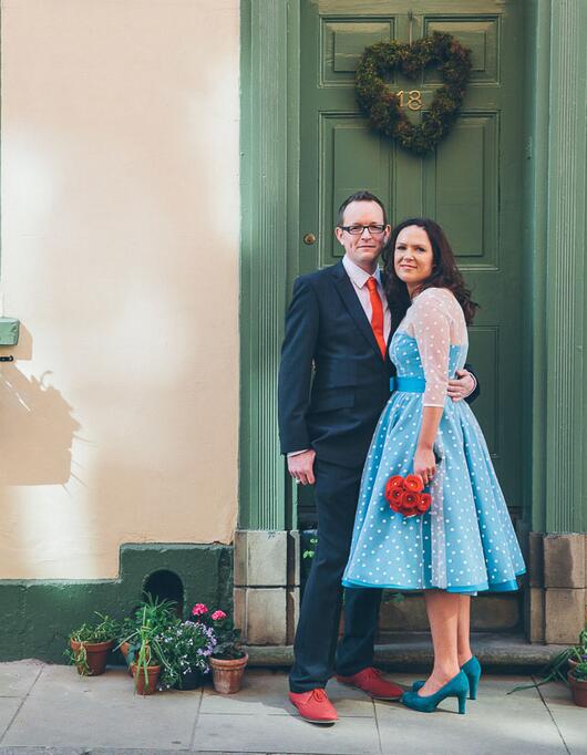 Short Blue Polka Dot Tea Length Short Vintage Wedding Dress with 3/4 Sleeves Short Blue Polka Dot Tea Length Short Vintage Wedding Dress with 3/4 Sleeves