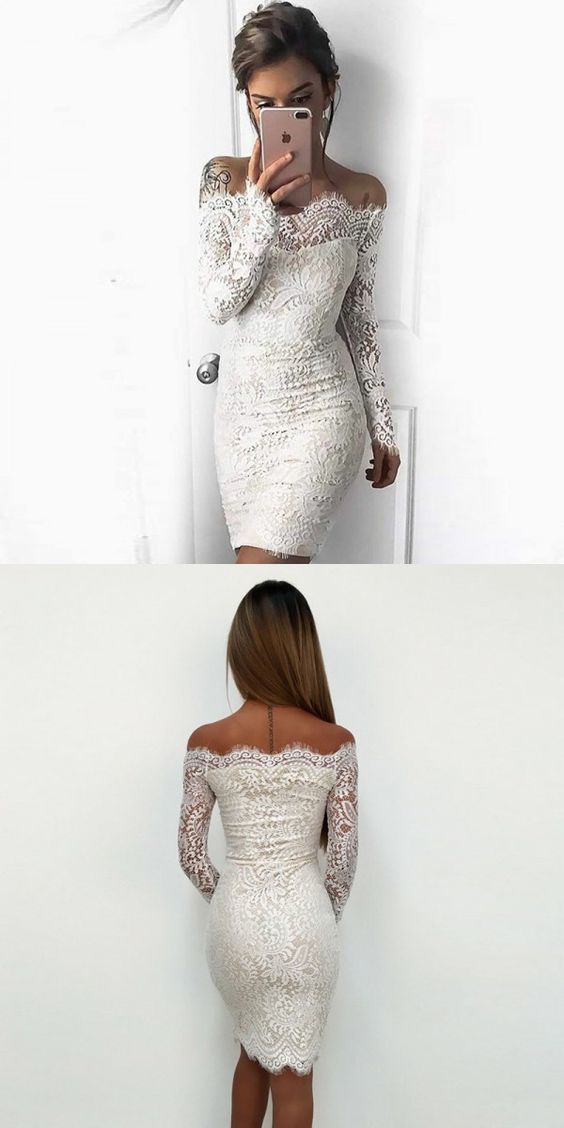 Dolly Gown Short Off The Shoulder Lace Tight Bodycon White Prom Dress with Long Sleeves,20081626