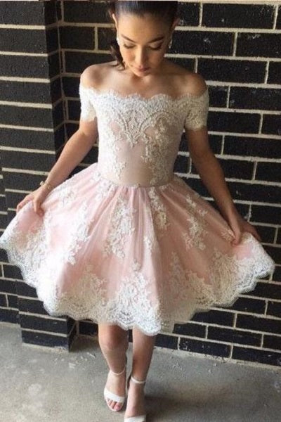 Short Pink Prom Dress Off Shoulders Prom Dress Lace Prom Dress Short Homecoming Dress,MA189