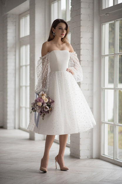 Short Polka Dot Wedding Dress with Bubble Sleeves - DollyGown