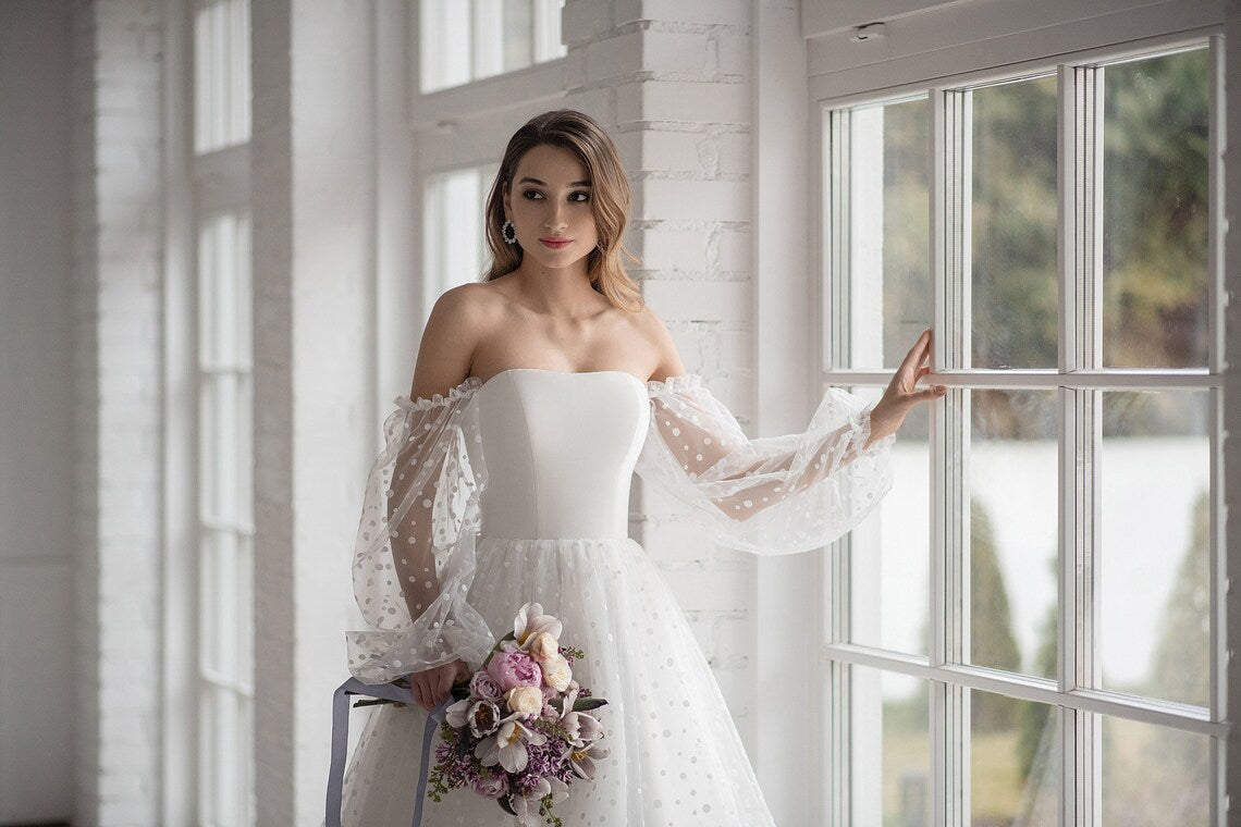 sheer polka dot wedding dress Sheer Long Sleeves Polka Dot A-Line Wedding Dress EU46