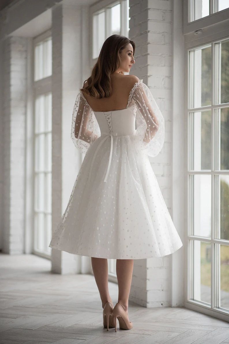 Short Polka Dot Wedding Dress with Bubble Sleeves - DollyGown