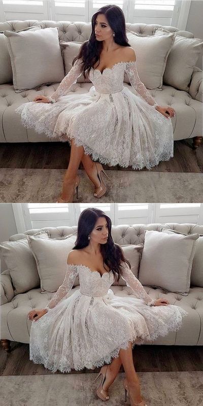 Short Lace Off Shoulders Wedding Dress Short Prom Dress with Sleeves,GDC1159