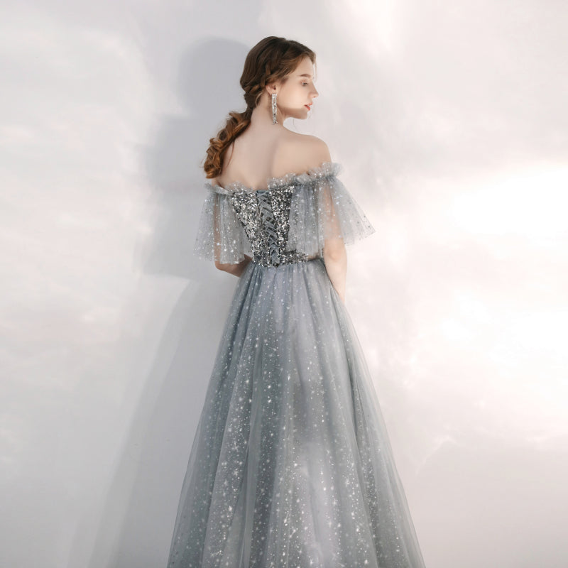 Silver Gray Sparkly Sequins Prom Dress - DollyGown
