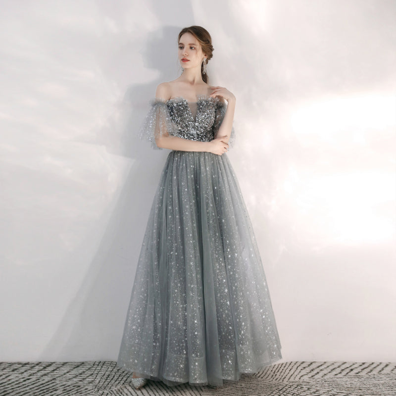 Silver Gray Sparkly Sequins Prom Dress - DollyGown