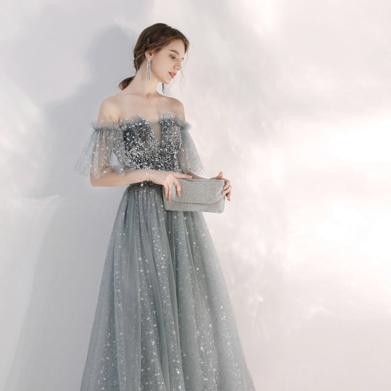 Silver Gray Sparkly Sequins Prom Dress - DollyGown