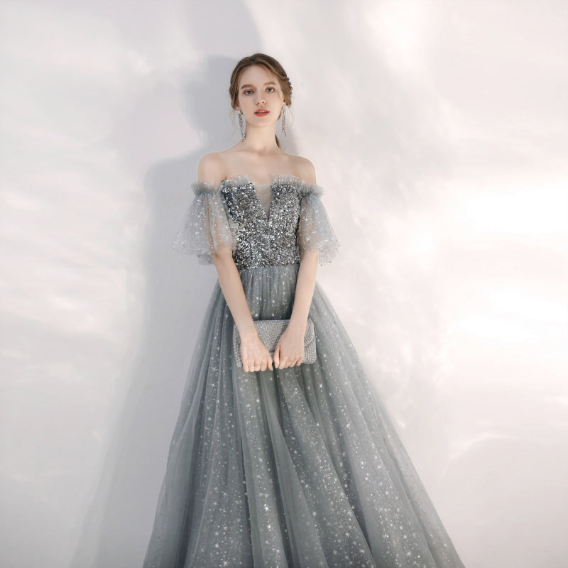 grey prom dress Grey Tulle A-line Sweetheart Neck Prom Dresses With Lace, Evening Dress, MP810