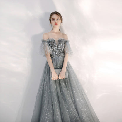 Silver Gray Sparkly Sequins Prom Dress - DollyGown