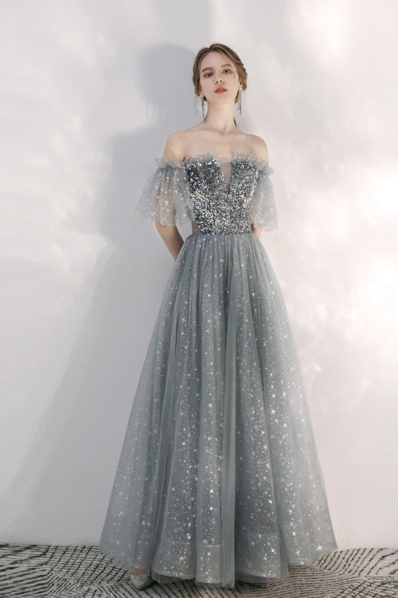 grey prom dress Light A-line Backless Spaghetti Straps Lace Tulle Long Dresses, MP269 Light grey chiffon prom dress with a V $40 To $134 Steel Grey
