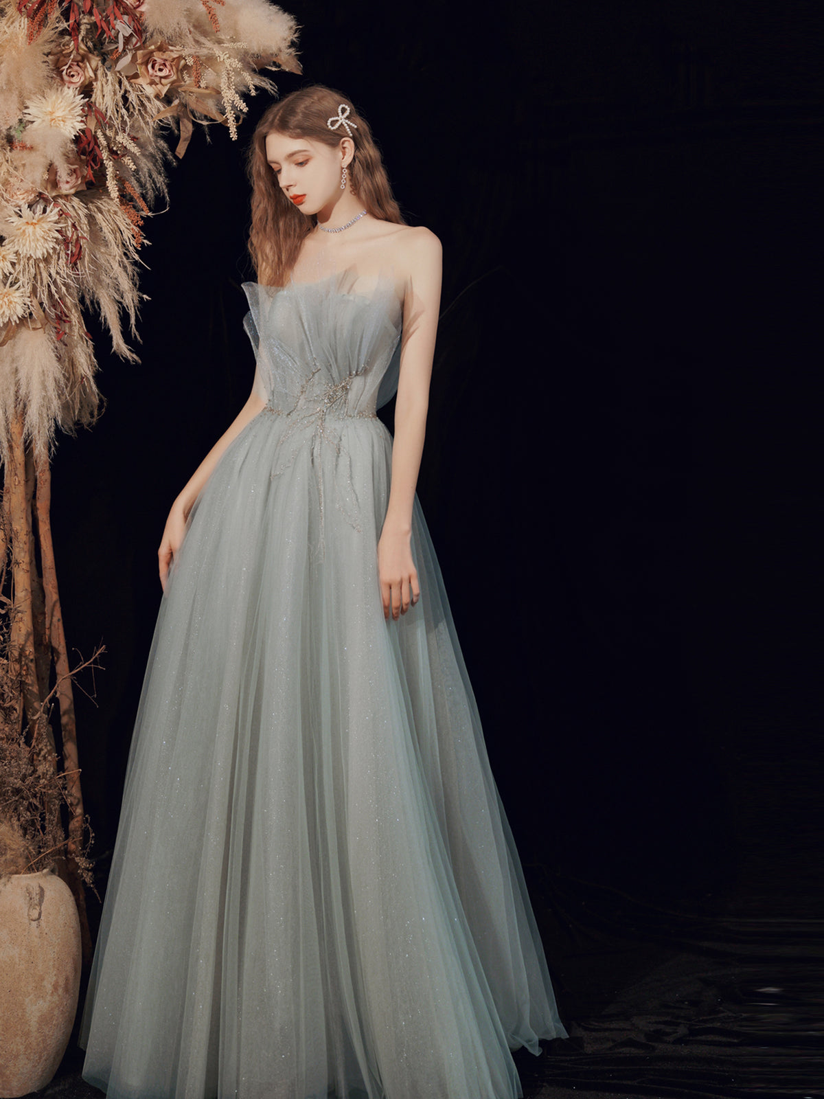 Silver Grey Strapless Occasion Prom Dress Wedding Dress - DollyGown