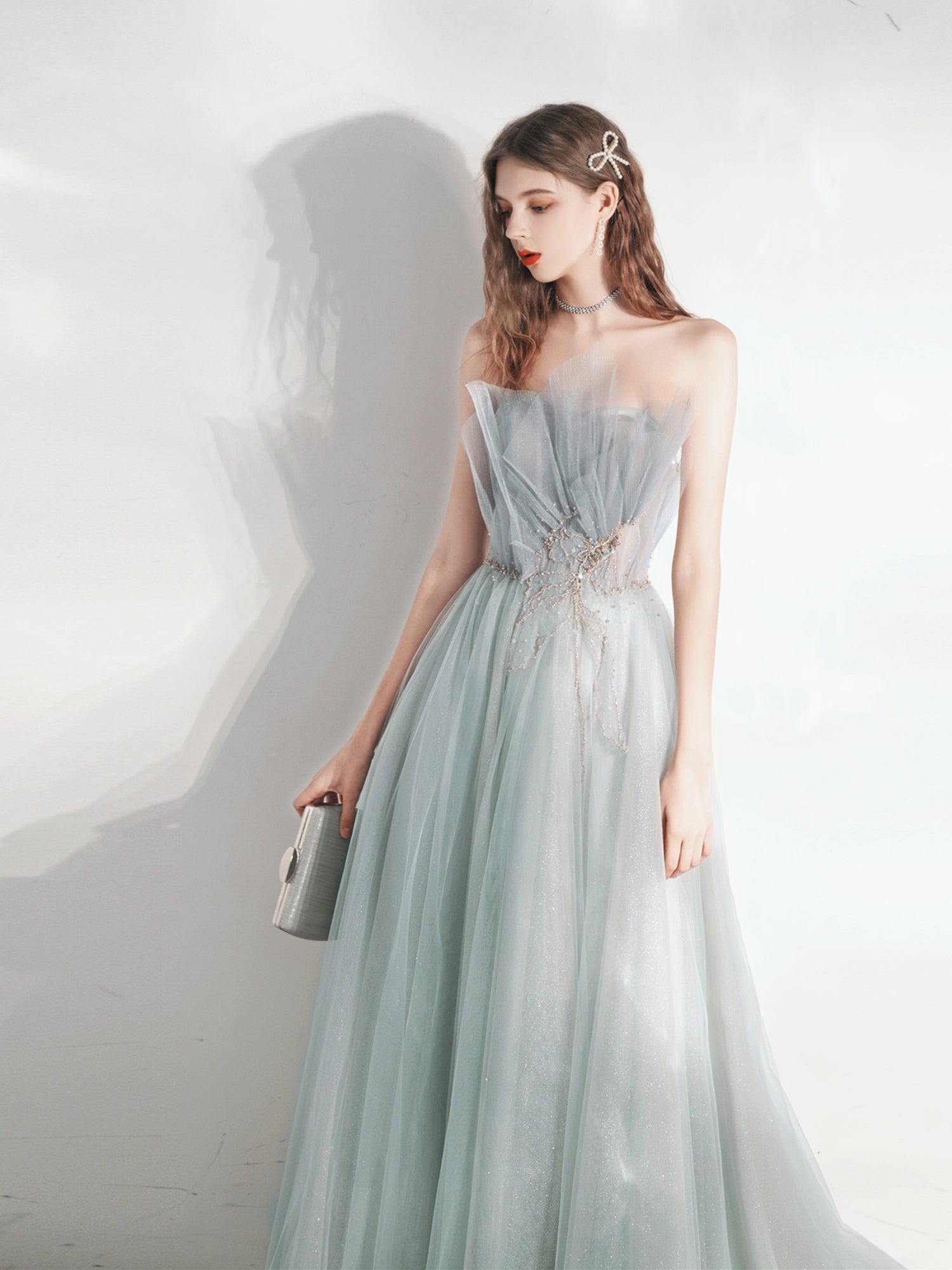Silver Grey Strapless Occasion Prom Dress Wedding Dress - DollyGown