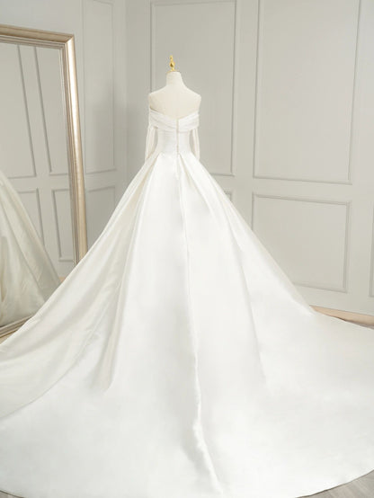 Simple  Ball Gown Silk Wedding Dress with Sleeves - DollyGown