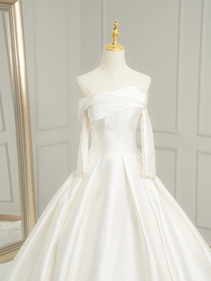 Simple  Ball Gown Silk Wedding Dress with Sleeves - DollyGown