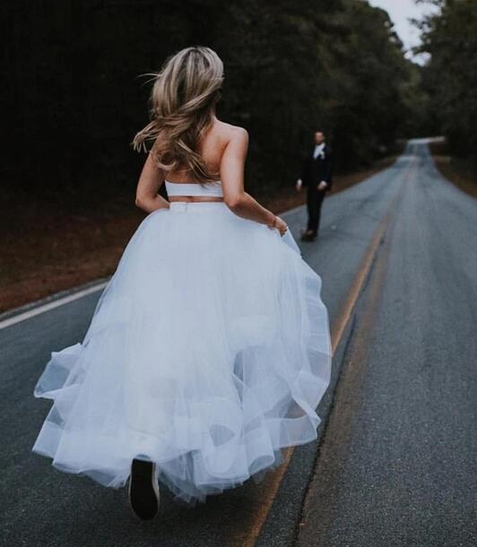Simple Casual Halter Crop Top Long Wedding Dress with Tulle Skirt Simple Casual Halter Crop Top Long Wedding Dress with Tulle Skirt