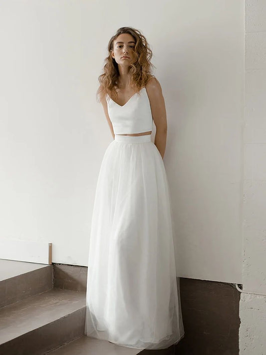 Simple Two Piece Wedding Top and Tulle Skirt - DollyGown