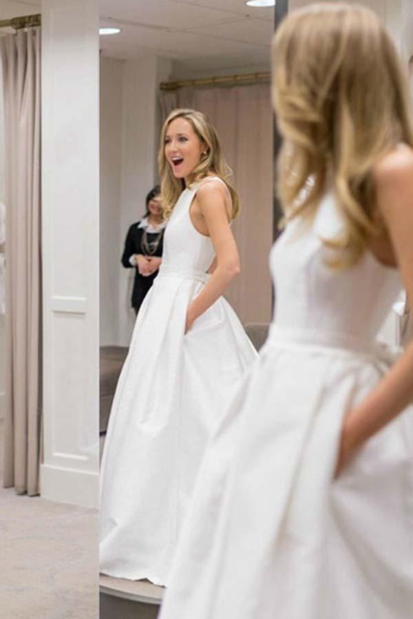 Simple Corss Back Modest Plain Wedding Dress with Pockets and little Bow Back GDC1272